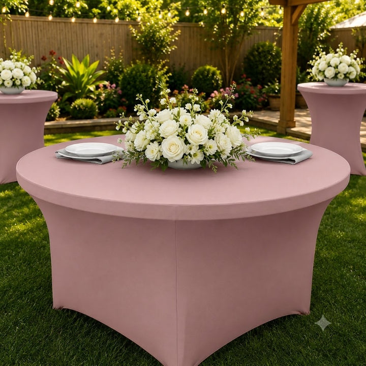 Mantel redondo de spandex (220 GSM) de 5 pies - Rosa rubor/oro rosa (1 pieza)