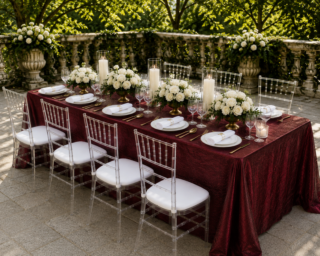 90"x132" Seamless Rectangular Crushed Taffeta Tablecloth - Burgundy (1pc)