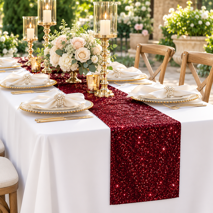 Chemin de table en taffetas à paillettes 12"x108" - Bordeaux (1pc)