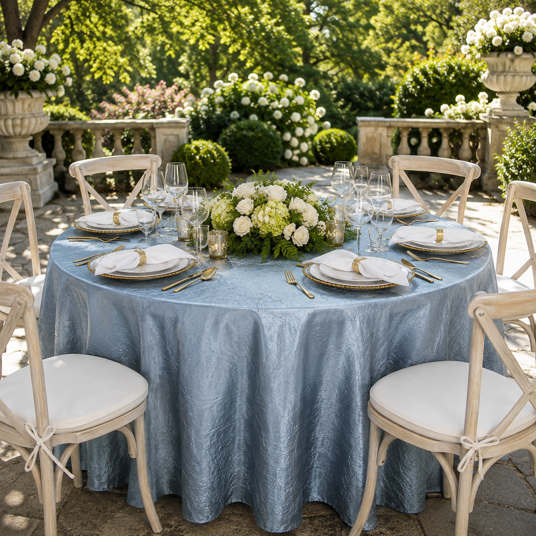 Nappe ronde en taffetas écrasé sans couture de 108 po - Bleu poussiéreux (1 pièce)