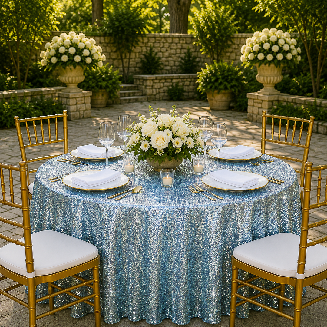 120" Seamless Round Sequin Taffeta Tablecloth - Dusty Blue (1pc)