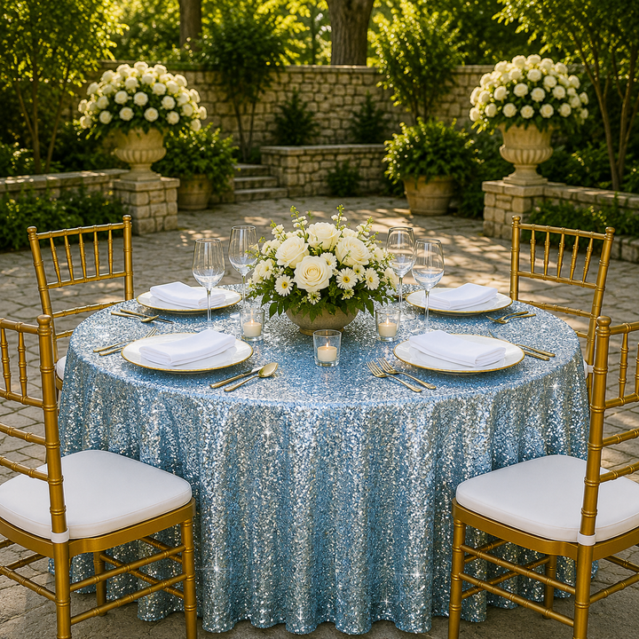 120" Seamless Round Sequin Taffeta Tablecloth - Dusty Blue (1pc)