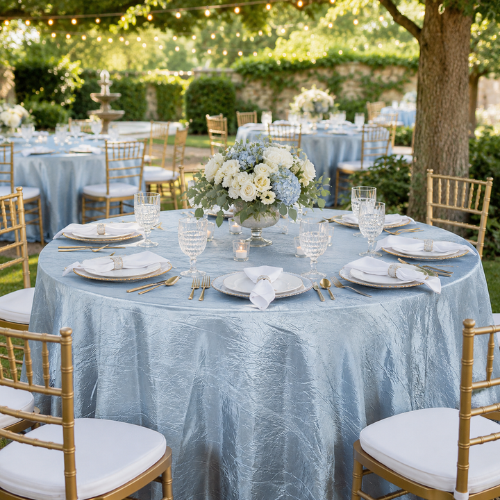 Nappe ronde en taffetas écrasé sans couture de 108 po - Bleu poussiéreux (1 pièce)