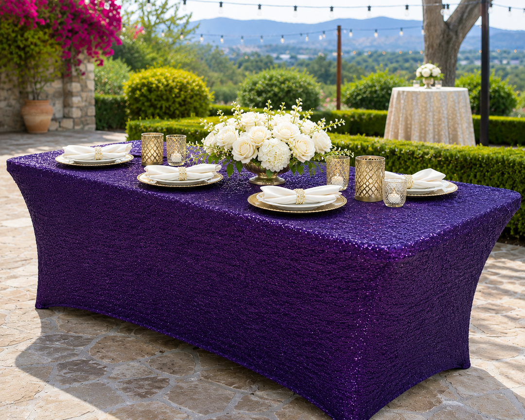 8 Ft Rectangular Sequin Spandex Table Cover - Eggplant (1pc)