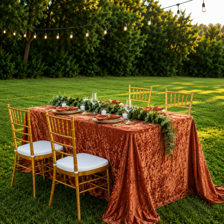 90"x132" Seamless Rectangular Ice Crushed Velvet (200 GSM) Tablecloth - Rust/Burnt Orange (1pc)