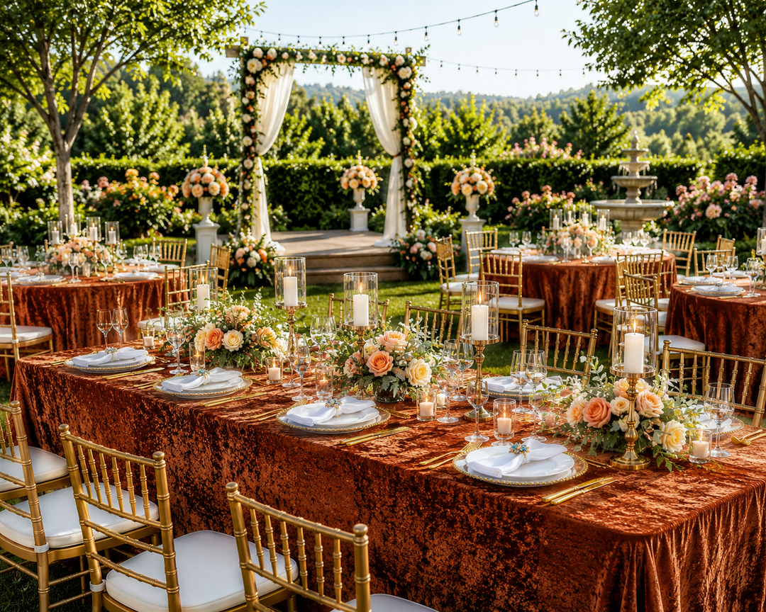 90"x132" Seamless Rectangular Ice Crushed Velvet (200 GSM) Tablecloth - Rust/Burnt Orange (1pc)