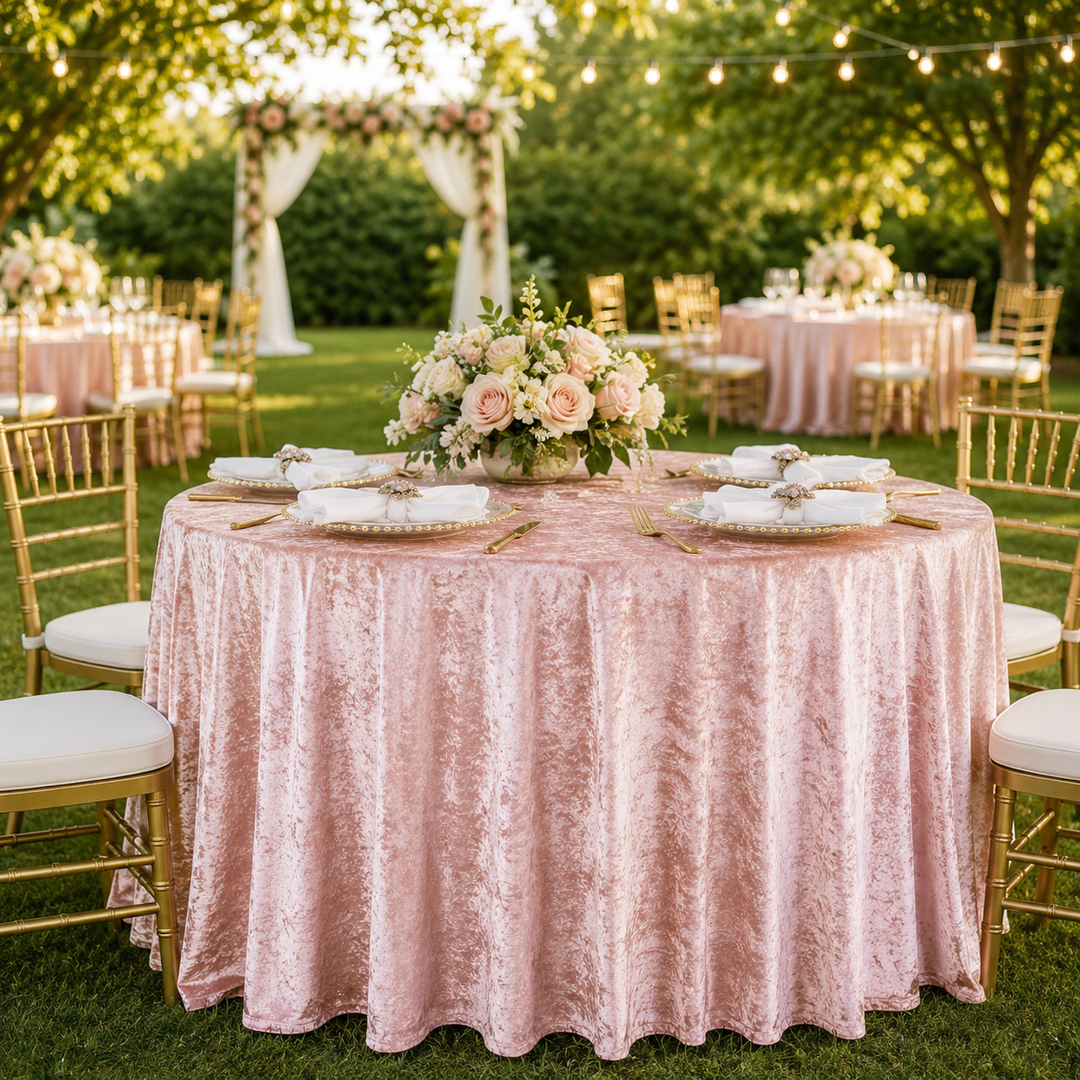 132" Round Ice Crushed Velvet (200 GSM) Tablecloth - Blush Pink/Rose Gold (1pc)