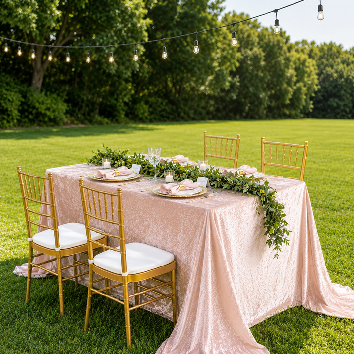 90"x132" Seamless Rectangular Ice Crushed Velvet (200 GSM) Tablecloth - Blush Pink/Rose Gold (1pc)