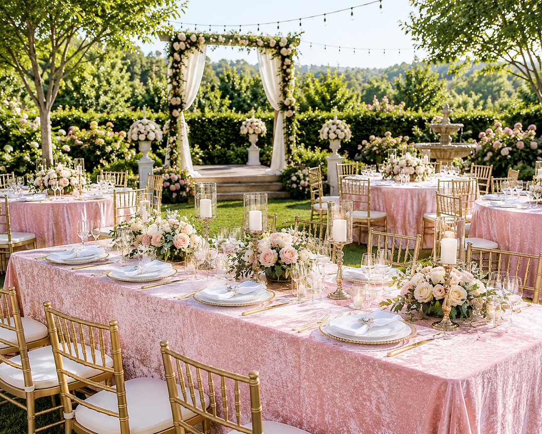 90"x132" Seamless Rectangular Ice Crushed Velvet (200 GSM) Tablecloth - Blush Pink/Rose Gold (1pc)