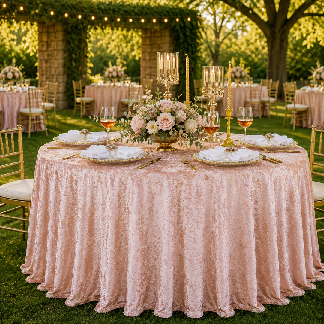 132" Round Ice Crushed Velvet (200 GSM) Tablecloth - Blush Pink/Rose Gold (1pc)