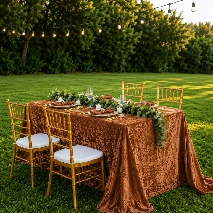 90"x132" Seamless Rectangular Ice Crushed Velvet (200 GSM) Tablecloth - Copper (1pc)