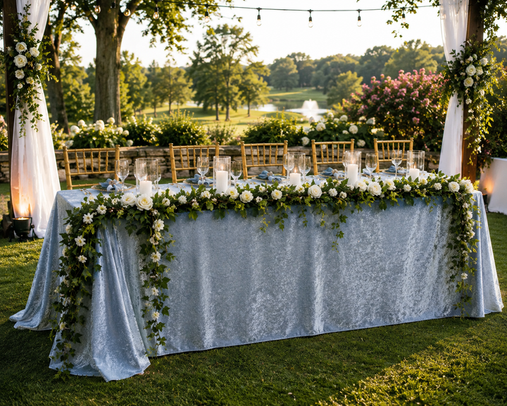 90"x132" Seamless Rectangular Ice Crushed Velvet (200 GSM) Tablecloth - Dusty Blue (1pc)