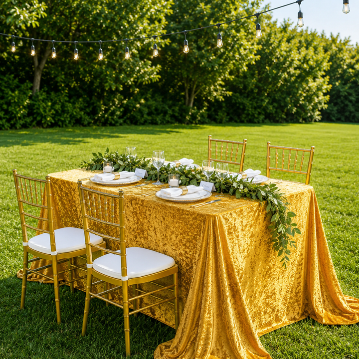 90"x156" Seamless Rectangular Ice Crushed Velvet (200 GSM) Tablecloth - Gold (1pc)