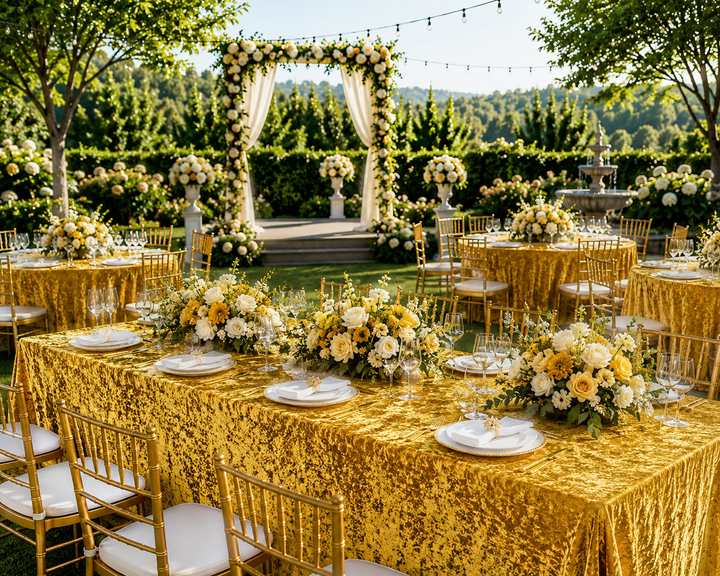 90"x156" Seamless Rectangular Ice Crushed Velvet (200 GSM) Tablecloth - Gold (1pc)