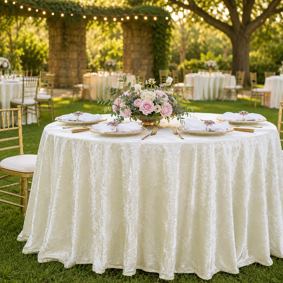 132" Round Ice Crushed Velvet (200 GSM) Tablecloth - Ivory (1pc)