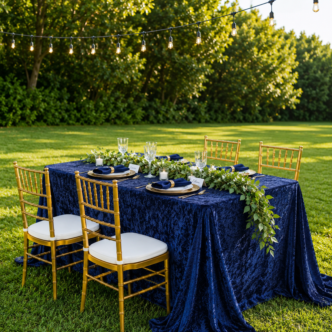 90"x156" Seamless Rectangular Ice Crushed Velvet (200 GSM) Tablecloth - Navy Blue (1pc)