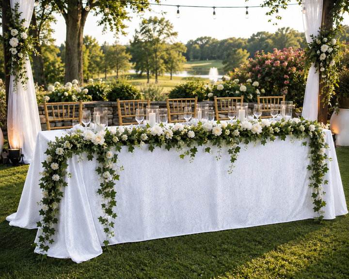 90"x132" Seamless Rectangular Ice Crushed Velvet (200 GSM) Tablecloth - White (1pc)