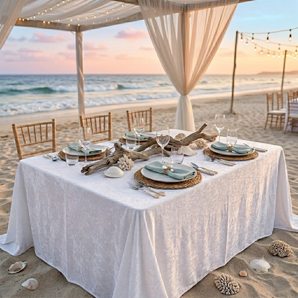 90"x132" Seamless Rectangular Ice Crushed Velvet (200 GSM) Tablecloth - White (1pc)
