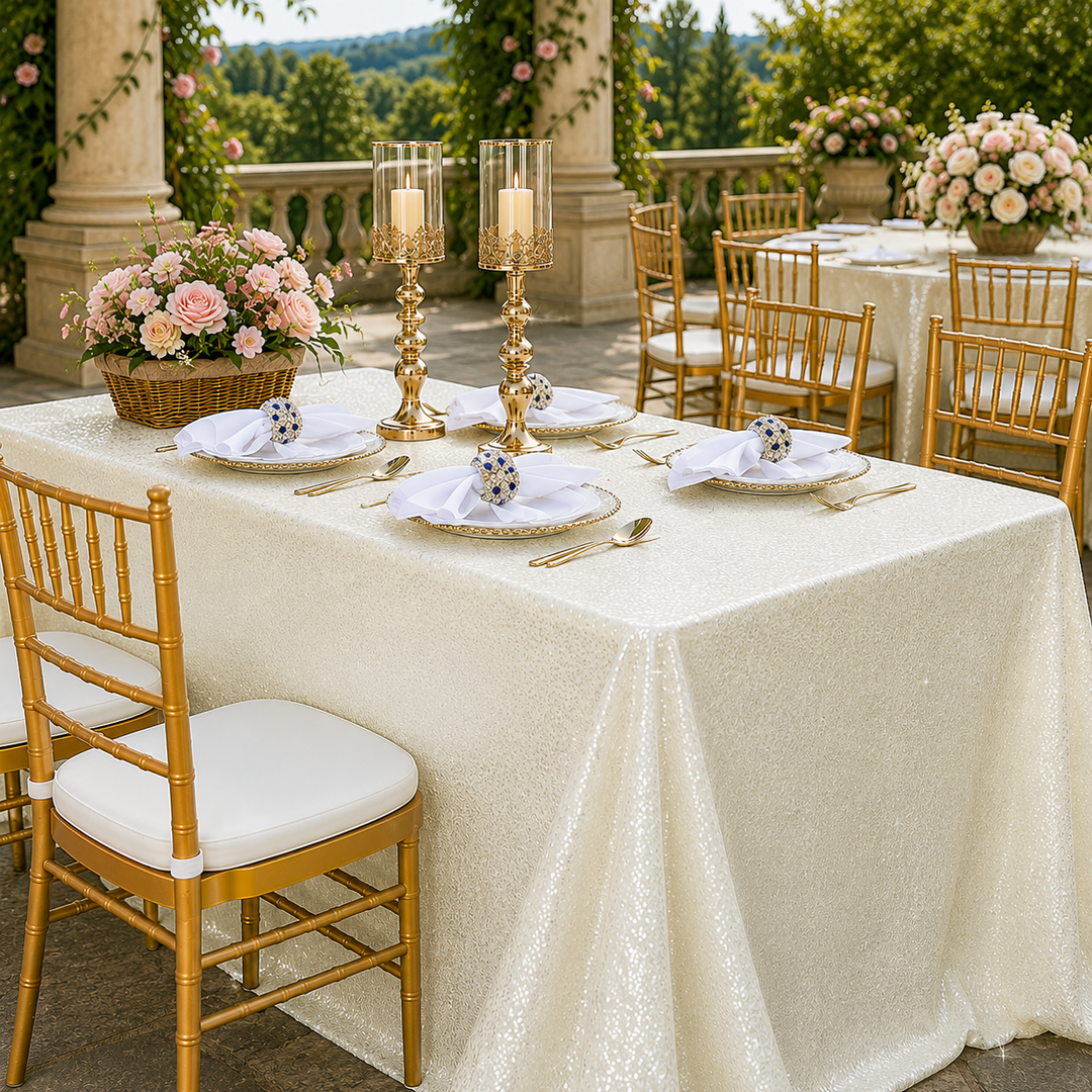 90"x156" Seamless Rectangular Sequin Taffeta Tablecloth - Ivory (1pc)