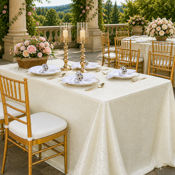 90"x156" Seamless Rectangular Sequin Taffeta Tablecloth - Ivory (1pc)