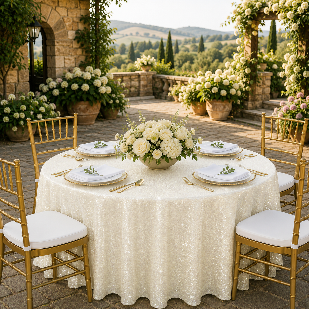 132" Round Sequin Taffeta Tablecloth - Ivory (1pc)