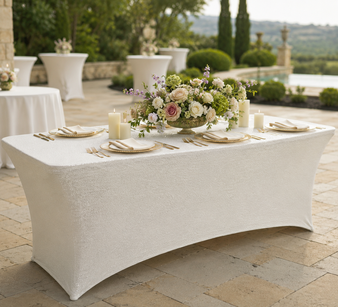 Cubierta de mesa rectangular de spandex con lentejuelas de 8 pies - Marfil (1 pieza)