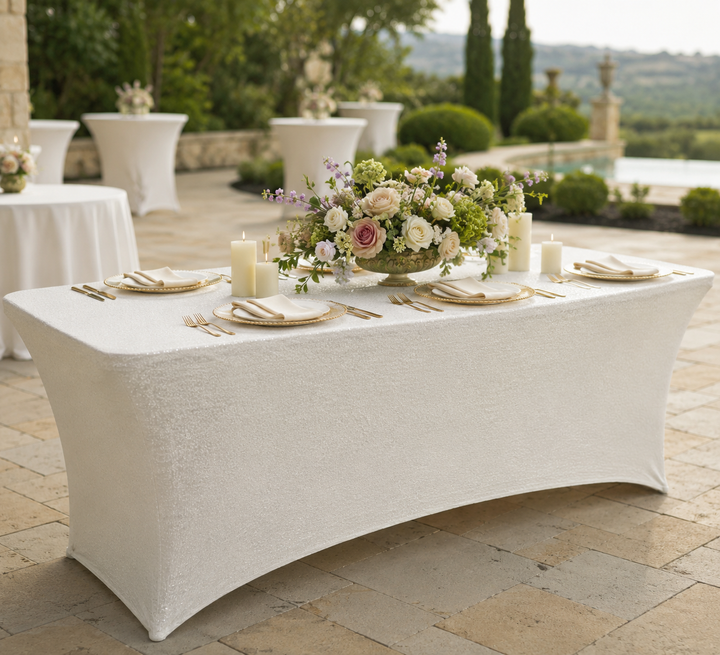 Cubierta de mesa rectangular de spandex con lentejuelas de 8 pies - Marfil (1 pieza)