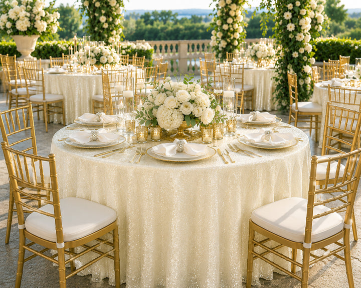 132" Round Sequin Taffeta Tablecloth - Ivory (1pc)
