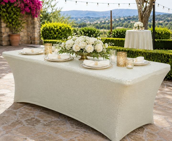Cubierta de mesa rectangular de spandex con lentejuelas de 8 pies - Marfil (1 pieza)