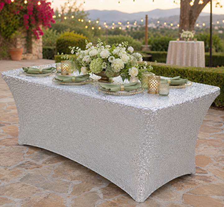 6 Ft Rectangular Sequin Spandex Table Cover - Platinum/Light Silver (1pc)