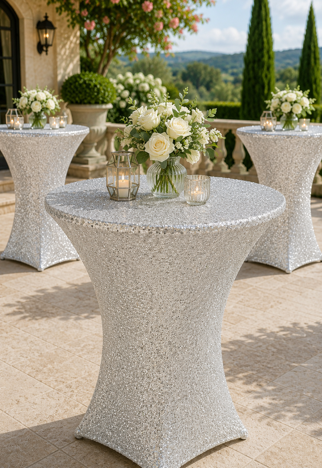 Cubierta de mesa de spandex con lentejuelas de cóctel de 30 "x 42" - Platino / Plata clara (1 pieza)