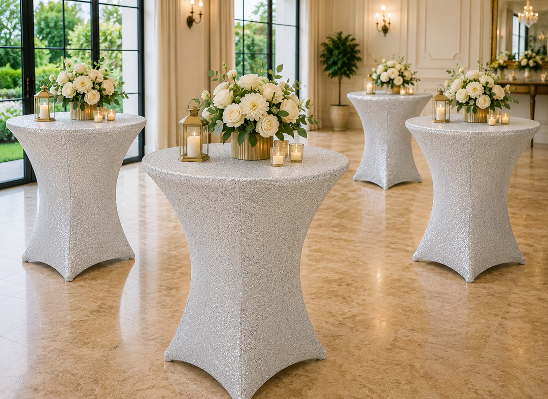 Cubierta de mesa de spandex con lentejuelas de cóctel de 30 "x 42" - Platino / Plata clara (1 pieza)