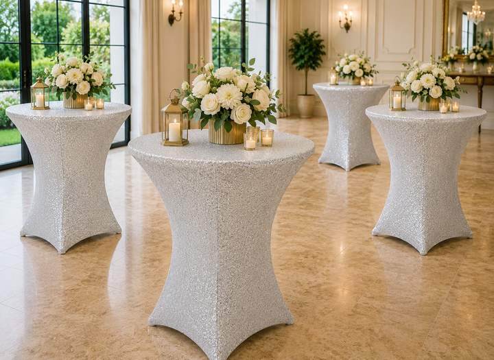 Cubierta de mesa de spandex con lentejuelas de cóctel de 30 "x 42" - Platino / Plata clara (1 pieza)