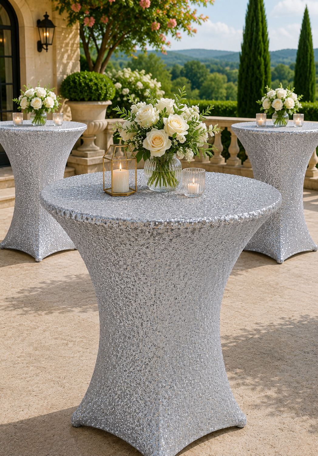 Cubierta de mesa de spandex con lentejuelas de cóctel de 36 "x 42" - Plata (1 pieza)