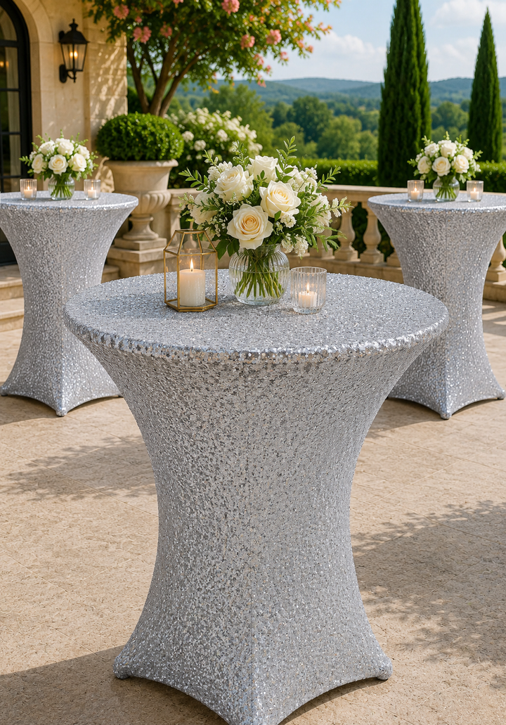 Cubierta de mesa de spandex con lentejuelas de cóctel de 36 "x 42" - Plata (1 pieza)