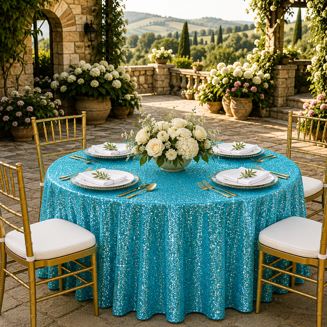 132" Round Sequin Taffeta Tablecloth - Turquoise (1pc)