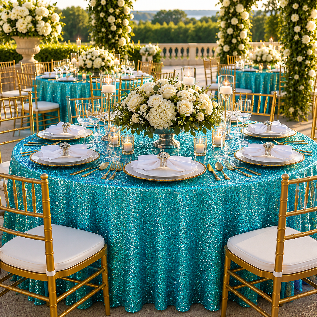 132" Round Sequin Taffeta Tablecloth - Turquoise (1pc)