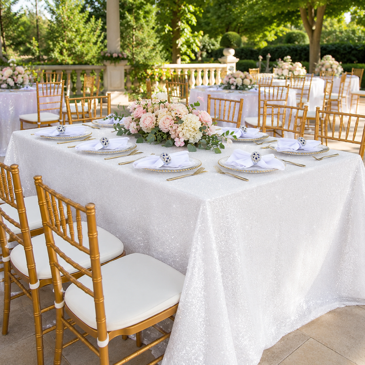 90"x156" Seamless Rectangular Sequin Taffeta Tablecloth - White (1pc)