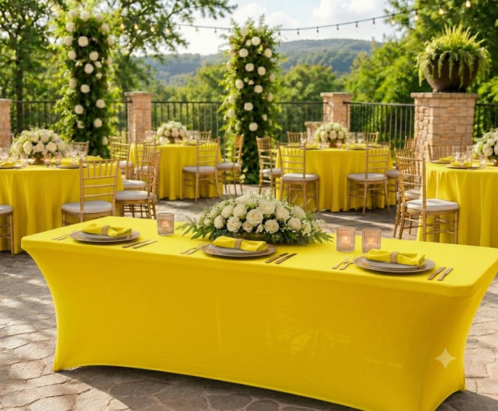 Cubierta de mesa rectangular de spandex (220 GSM) de 8 pies - Amarillo canario (1 pieza)