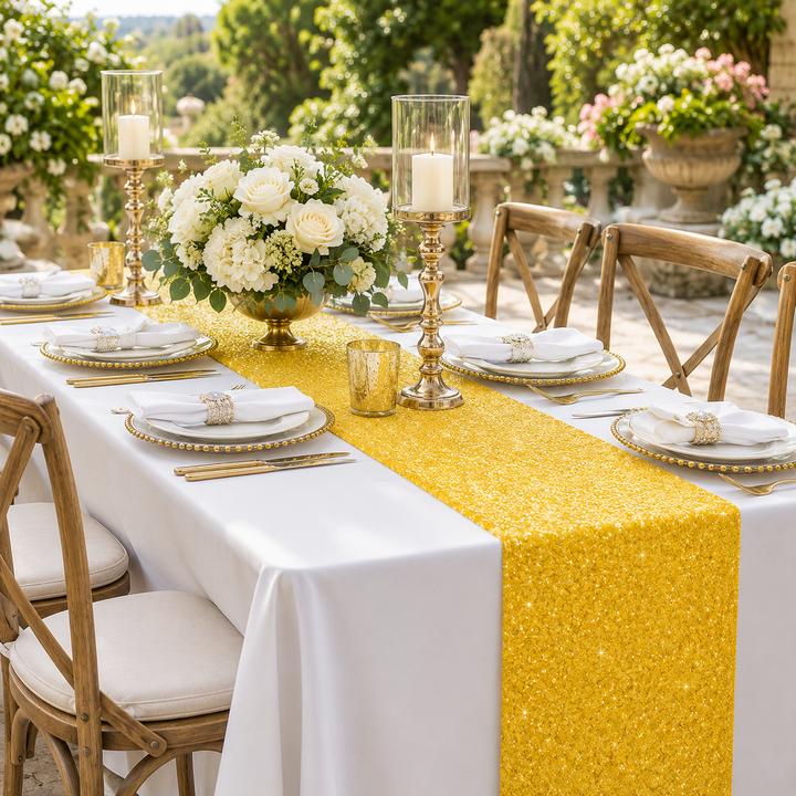 Camino de mesa de tafetán con lentejuelas de 12 "x 108" - Amarillo canario (1 pieza)