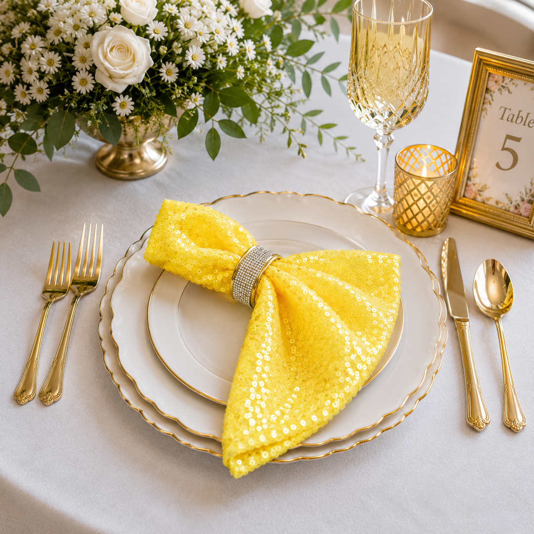 Servilletas de tafetán con lentejuelas de 20"x20" - Amarillo canario (paq. de 10)