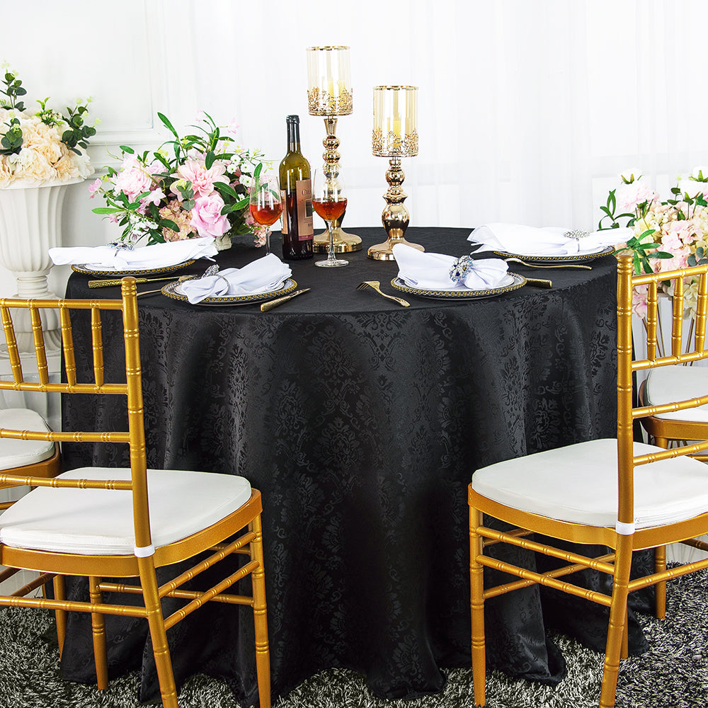 108" Seamless Round Marquis Damask Jacquard Polyester (220 GSM) Tablecloth - Black (1pc)