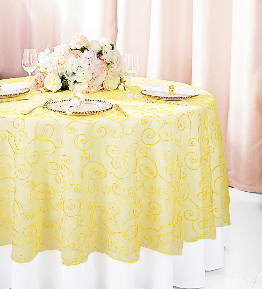 Superposition de table ronde en organza brodée sans couture de 108 po - Jaune canari (1 pièce)