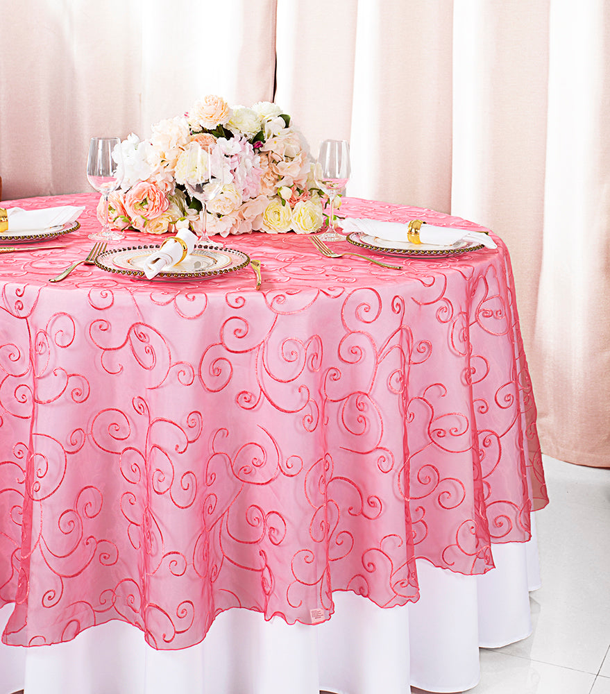 Superposition de table ronde en organza brodée sans couture de 108 po - Corail (1 pièce)