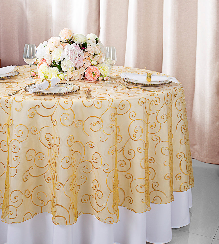 108" Seamless Round Embroidered Organza Tablecloth/Table Overlay - Gold (1pc)