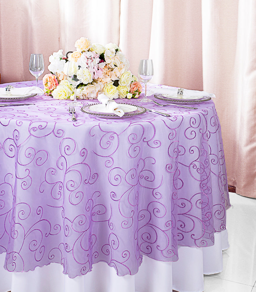 108" Seamless Round Embroidered Organza Tablecloth/Table Overlay - Lavender (1pc)