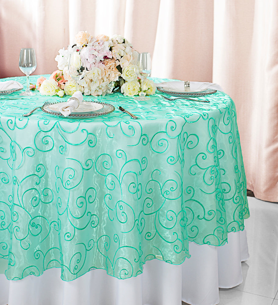 108" Seamless Round Embroidered Organza Tablecloth/Table Overlay - Tiff Blue/Aqua Blue (1pc)