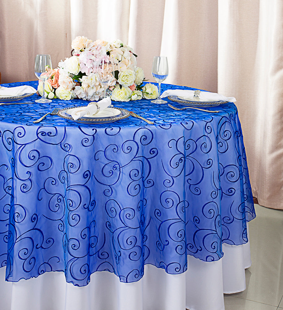 108" Seamless Round Embroidered Organza Tablecloth/Table Overlay - Royal Blue (1pc)