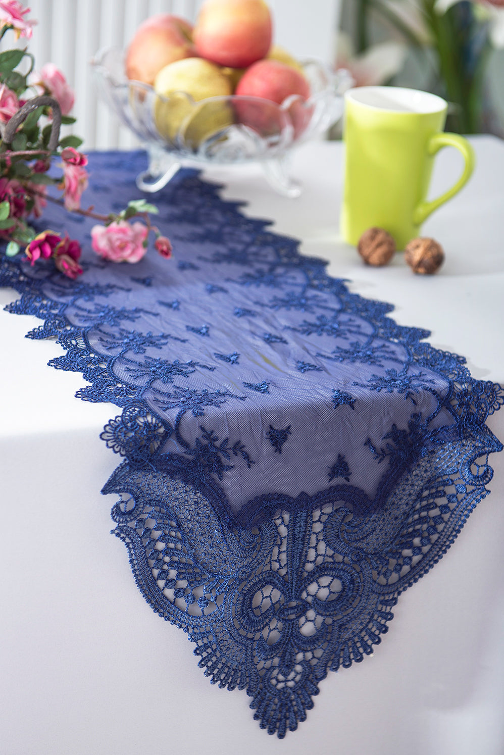 12"x108" Jasmine Raschel Lace Embroidered Table Runner - Navy Blue (1pc)
