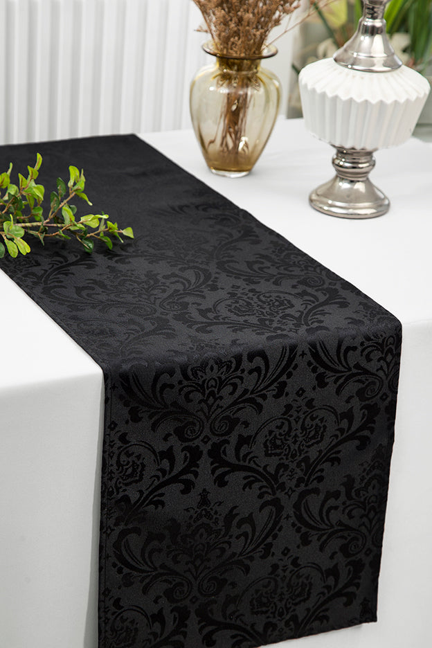 12"x108" Floral Damask Jacquard Polyester (220 GSM) Table Runner - Black (1pc)